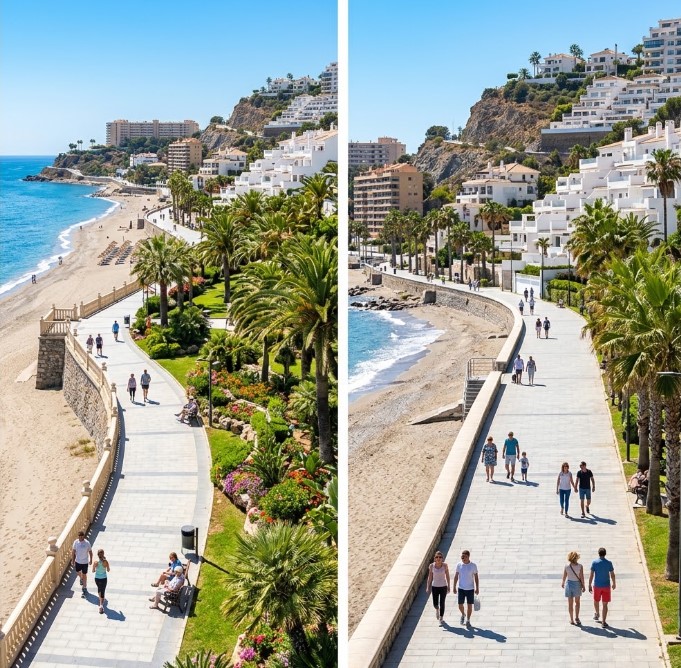 Vistas de la zona costera, el Paseo Marítimo y las urbanizaciones residenciales de Carvajal en Málaga
